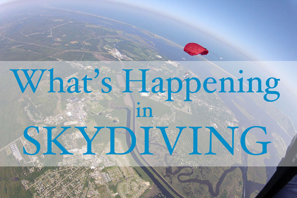 Aerial view of a skydiver beneath a red parachute with the text What's Happening in Skydiving