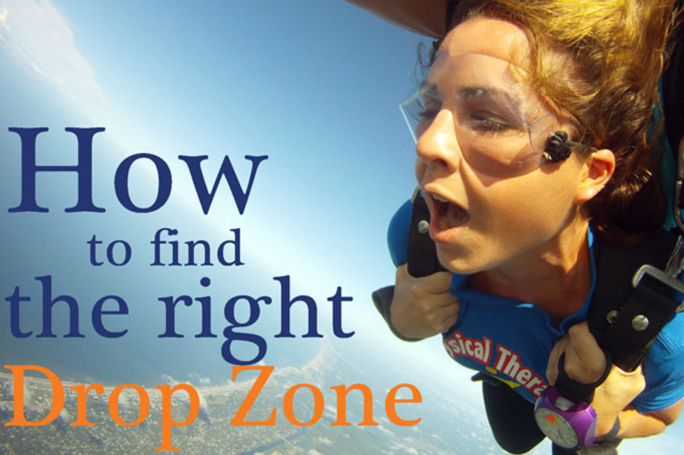 Tandem skydiving student with unsure expression gripping harness and the text How to find the right Drop Zone
