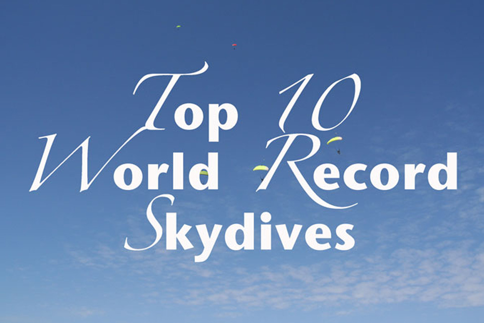 Background of multiple skydivers under parachute with the text Top 10 World Record Skydives