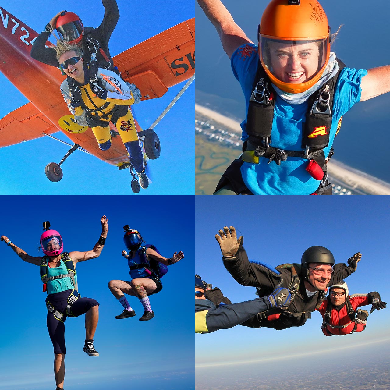 Grid image from top left to right of tandem skydiving instructor and student exiting plane, smiling female freeflying, accelerated freefall student, and two skydivers freeflying