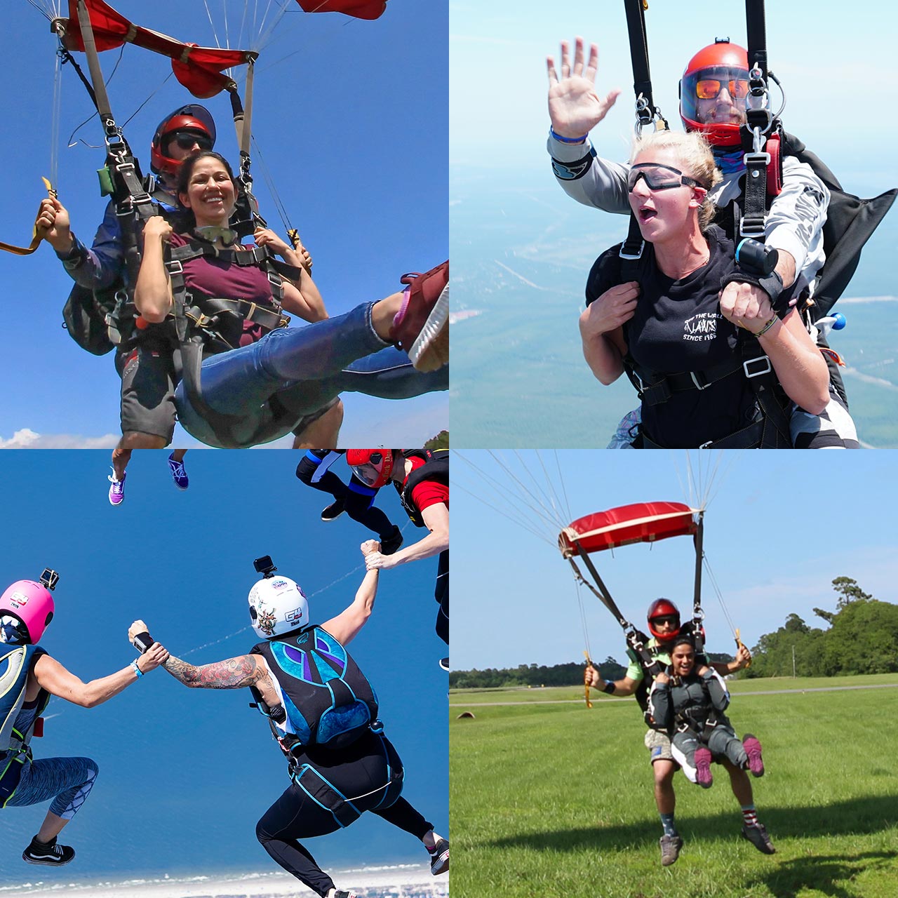 grid image of four separate skydiving shots three with tandem skydivers and one with licensed skydiver sin head up orientation