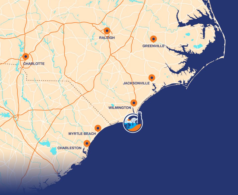 Skydive Coastal Carolina logo indicating position on map of NC