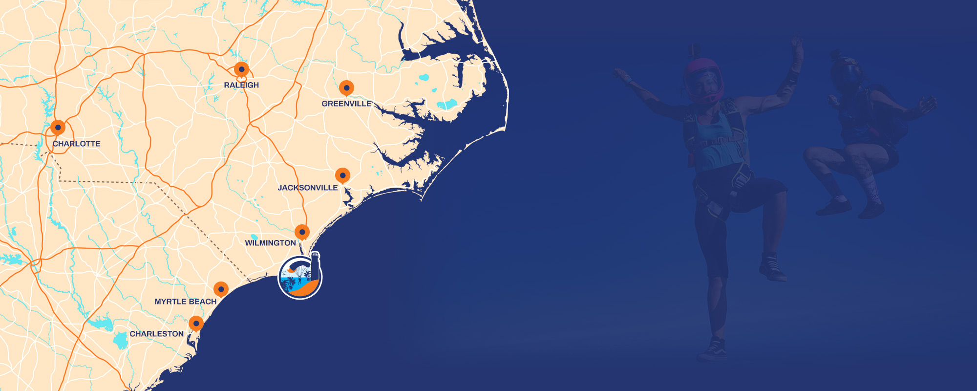 Skydive Coastal Carolina logo indicating position on map of NC with faint overlayed image of two skydivers freeflying